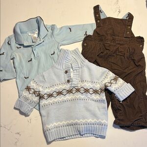 3-6 mo Janie and Jack, Baby Blue Sweater and Polo Onesie with Brown Overalls Set